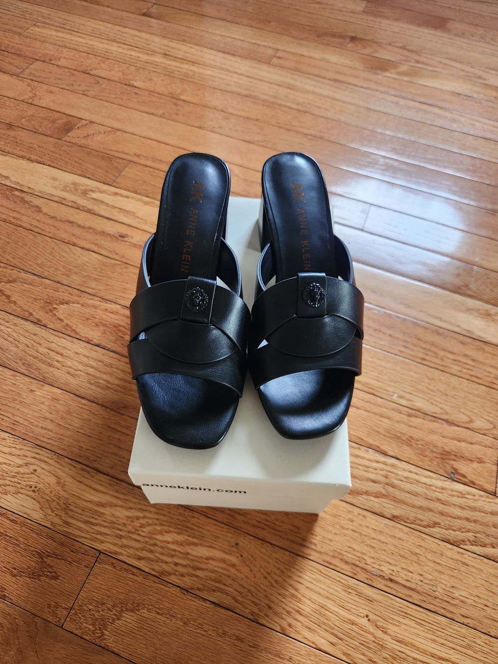 Anne Klein Black Leather Slide Sandals